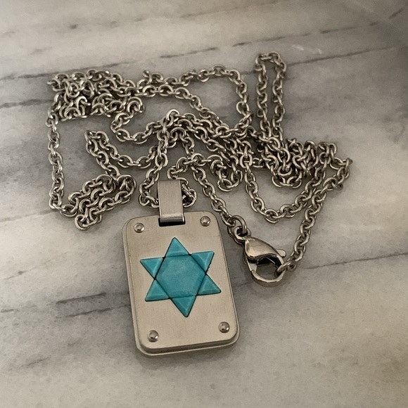 Turquoise and Stainless Steel Star of David Dog Tag On 20” Chain - Picture 4 of 5